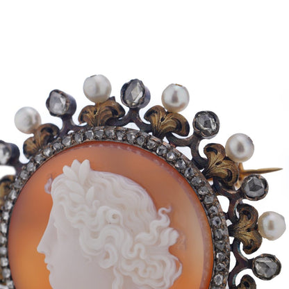 Victorian carnelian cameo diamond and pearl brooch in 18 carat gold.