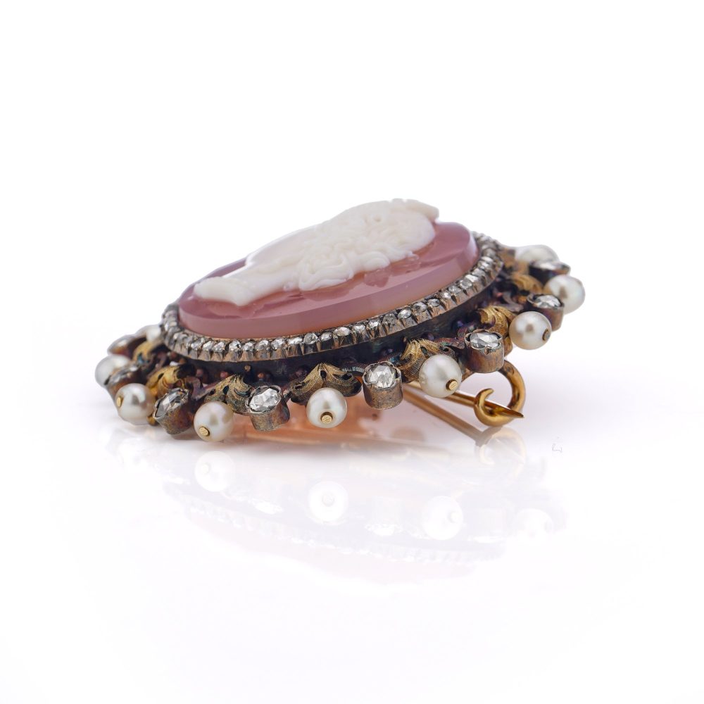 Victorian carnelian cameo diamond and pearl brooch in 18 carat gold.