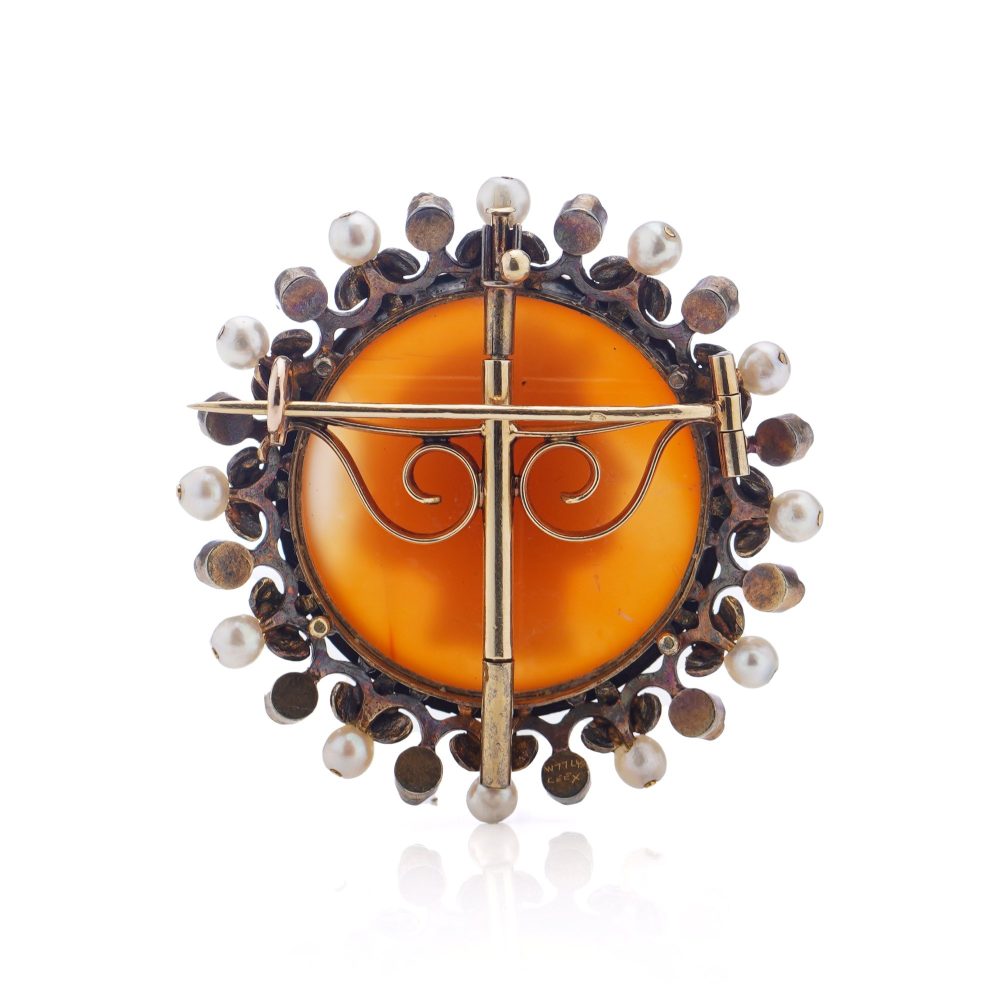 Victorian carnelian cameo diamond and pearl brooch in 18 carat gold.