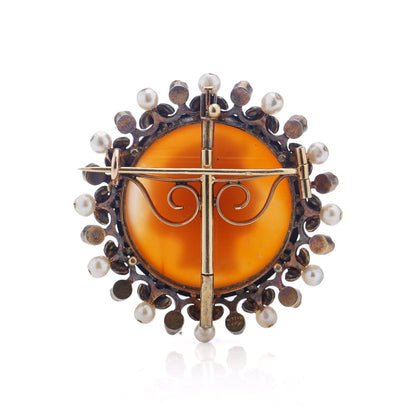 Victorian carnelian cameo diamond and pearl brooch in 18 carat gold.