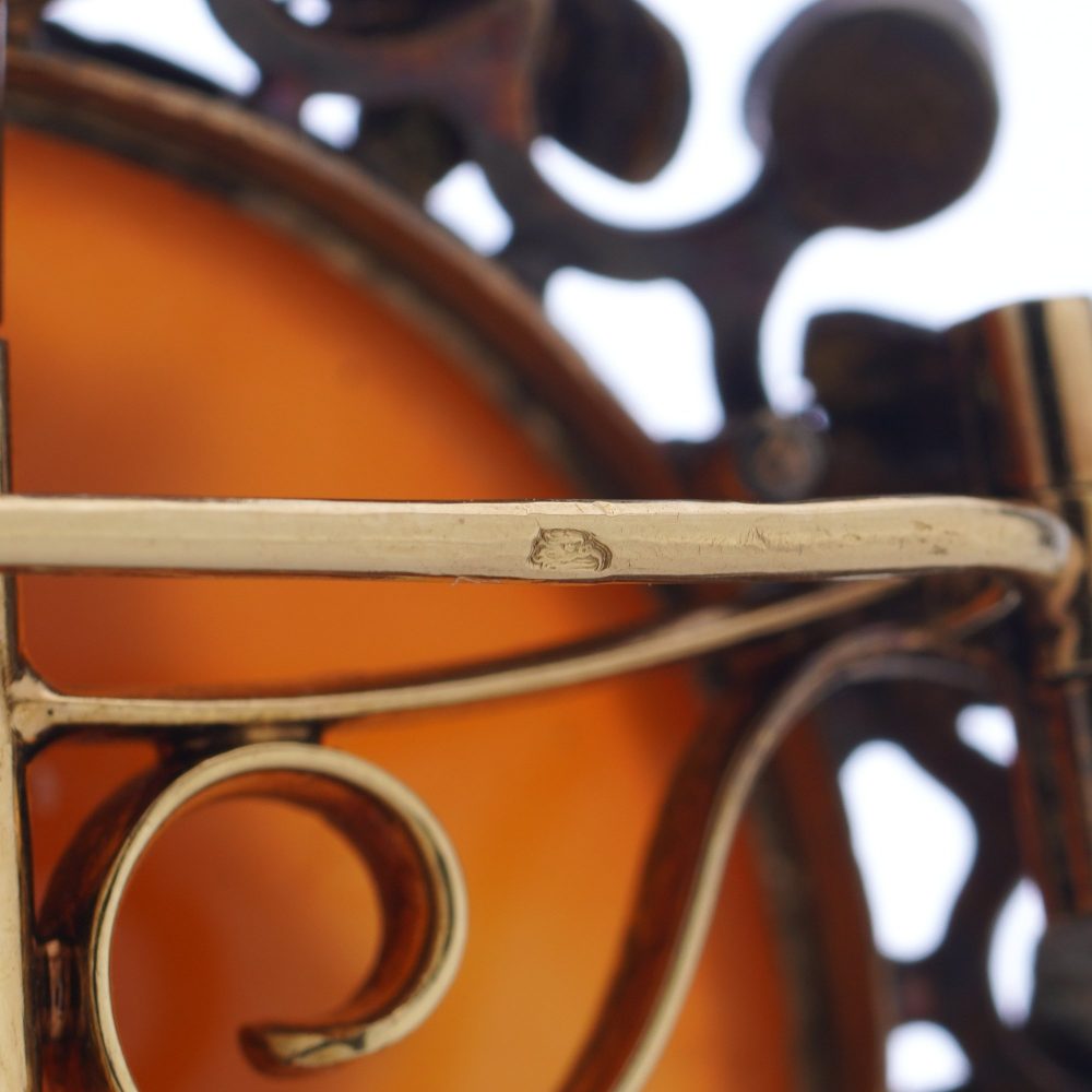 Victorian carnelian cameo diamond and pearl brooch in 18 carat gold.