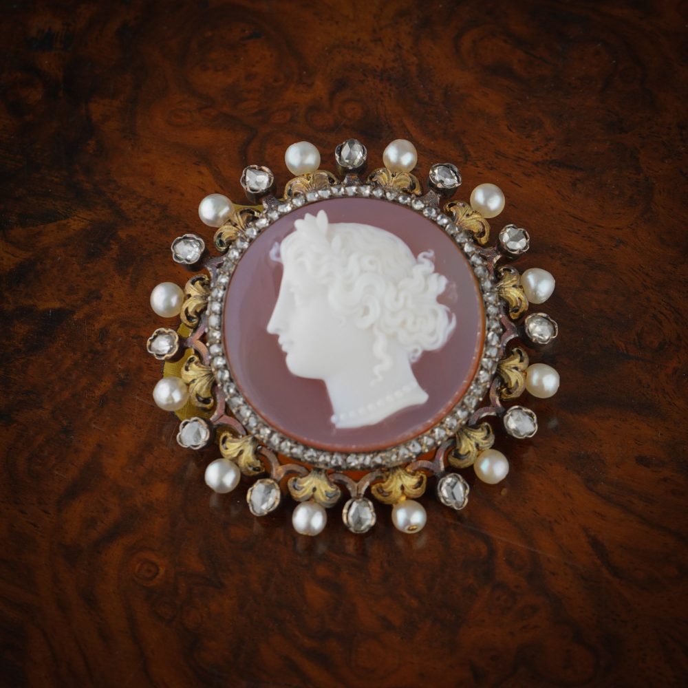 Victorian carnelian cameo diamond and pearl brooch in 18 carat gold.