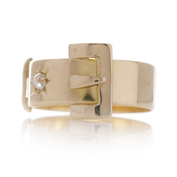 Antique men's belt buckle gold ring accented a diamond.
