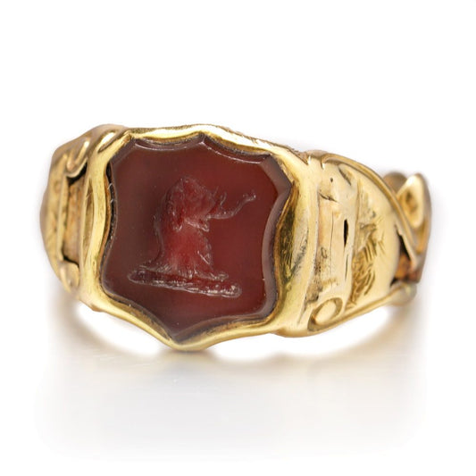 Antique Carnelian Intaglio and 18ct Yellow Gold Signet Ring with carved crest of arms depicting an elephant