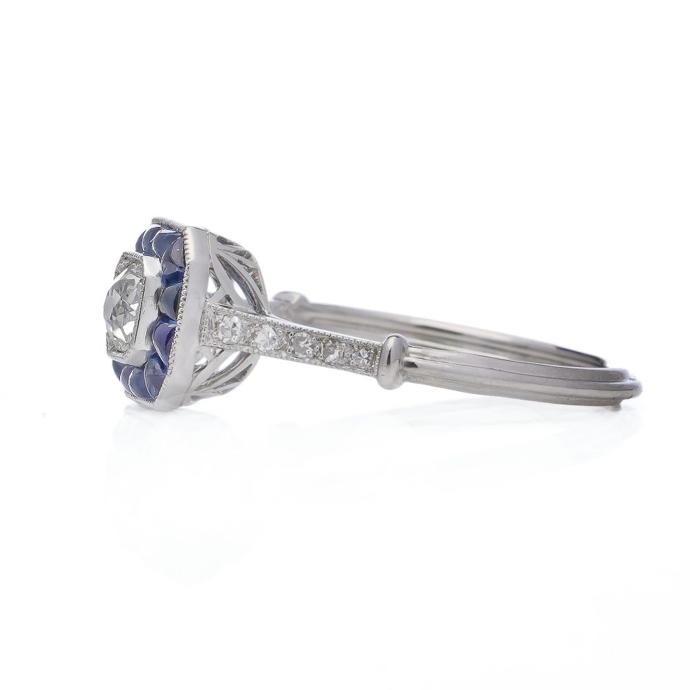 Old European Cut Diamond and Sapphire Cluster Engagement Ring in Platinum