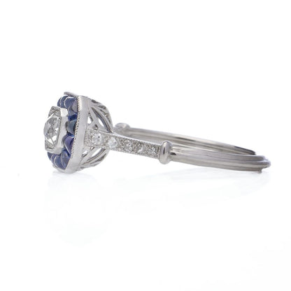 Old European Cut Diamond and Sapphire Cluster Engagement Ring in Platinum