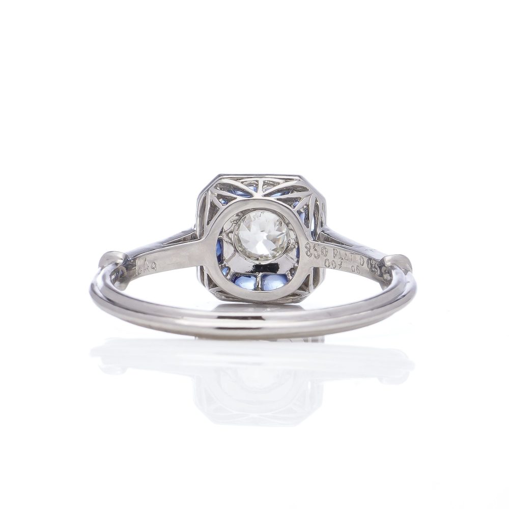 Old European Cut Diamond and Sapphire Cluster Engagement Ring in Platinum