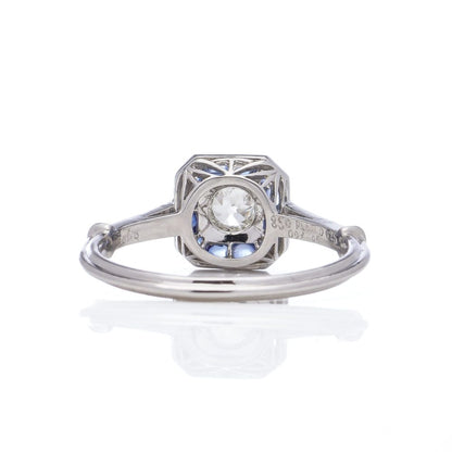 Old European Cut Diamond and Sapphire Cluster Engagement Ring in Platinum