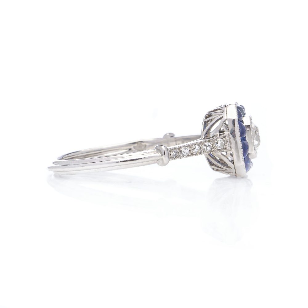 Old European Cut Diamond and Sapphire Cluster Engagement Ring in Platinum