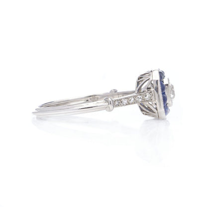 Old European Cut Diamond and Sapphire Cluster Engagement Ring in Platinum