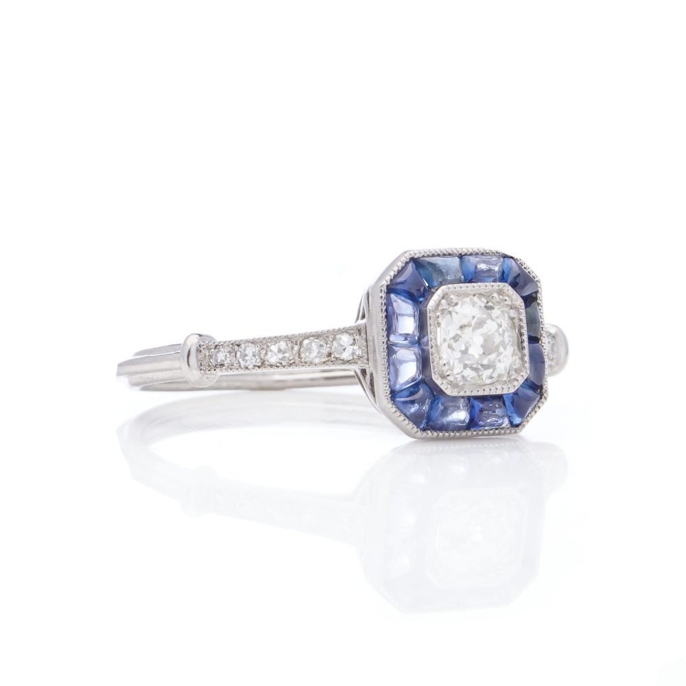 Old European Cut Diamond and Sapphire Cluster Engagement Ring in Platinum