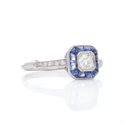 Old European Cut Diamond and Sapphire Cluster Engagement Ring in Platinum