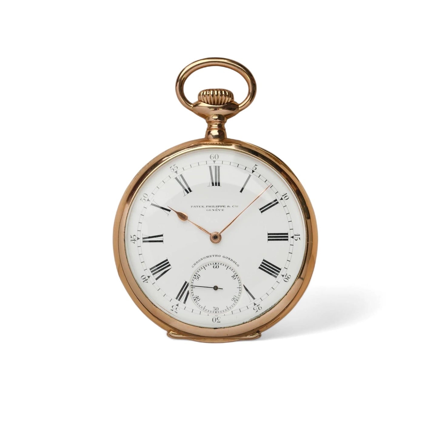 A yellow gold Patek Phillipe pocket watch with white dial and black Roman numerals, on a white background