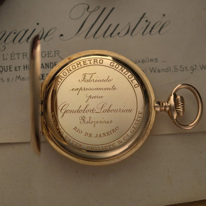 A yellow gold Patek Phillipe pocket watch with open back case engraved CHRONOMETRO GONDOLO Fabricado expressamente para Gondolo & Labouriau Relojoeiros Rio De Janeiro Patek Phillipe & Cie Geneve