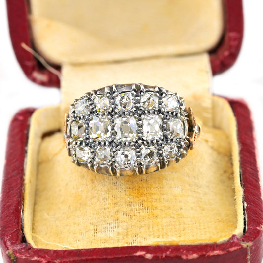 Regency Antique 3ct Old Mine Cut Diamond Three Row Cluster Ring, Circa 1835