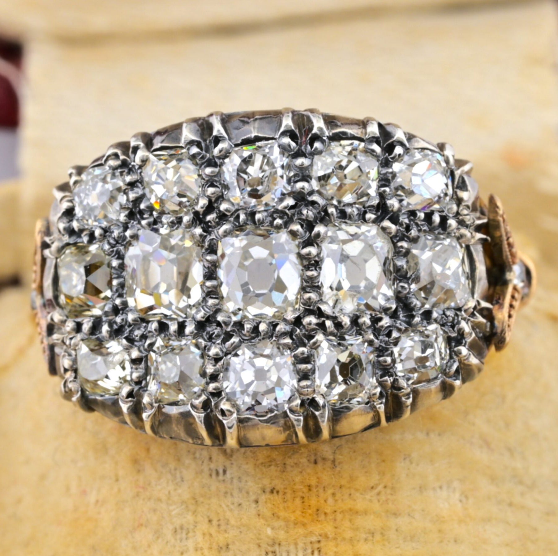 Regency Antique 3ct Old Mine Cut Diamond Three Row Cluster Ring, Circa 1835