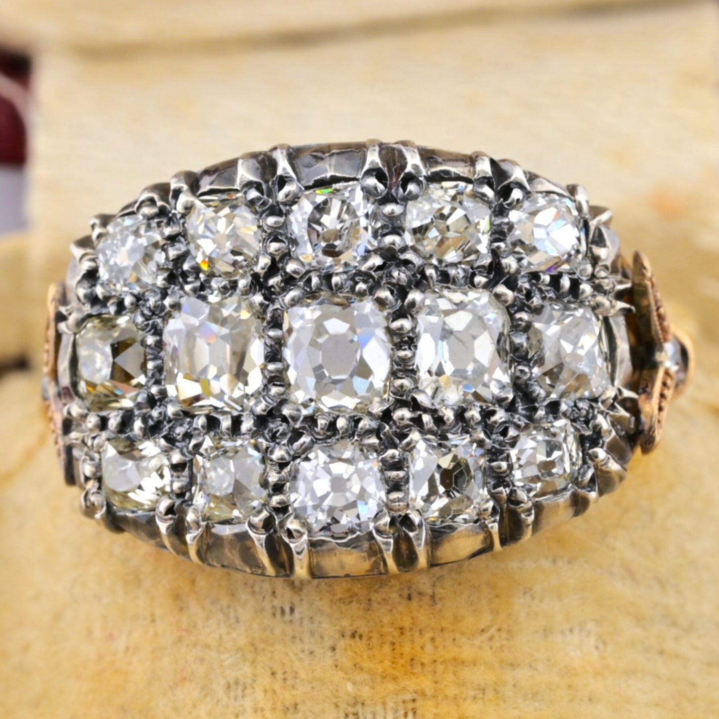 Regency Antique 3ct Old Mine Cut Diamond Three Row Cluster Ring, Circa 1835