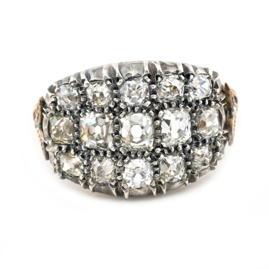 Regency Antique 3ct Old Mine Cut Diamond Three Row Cluster Ring, Circa 1835