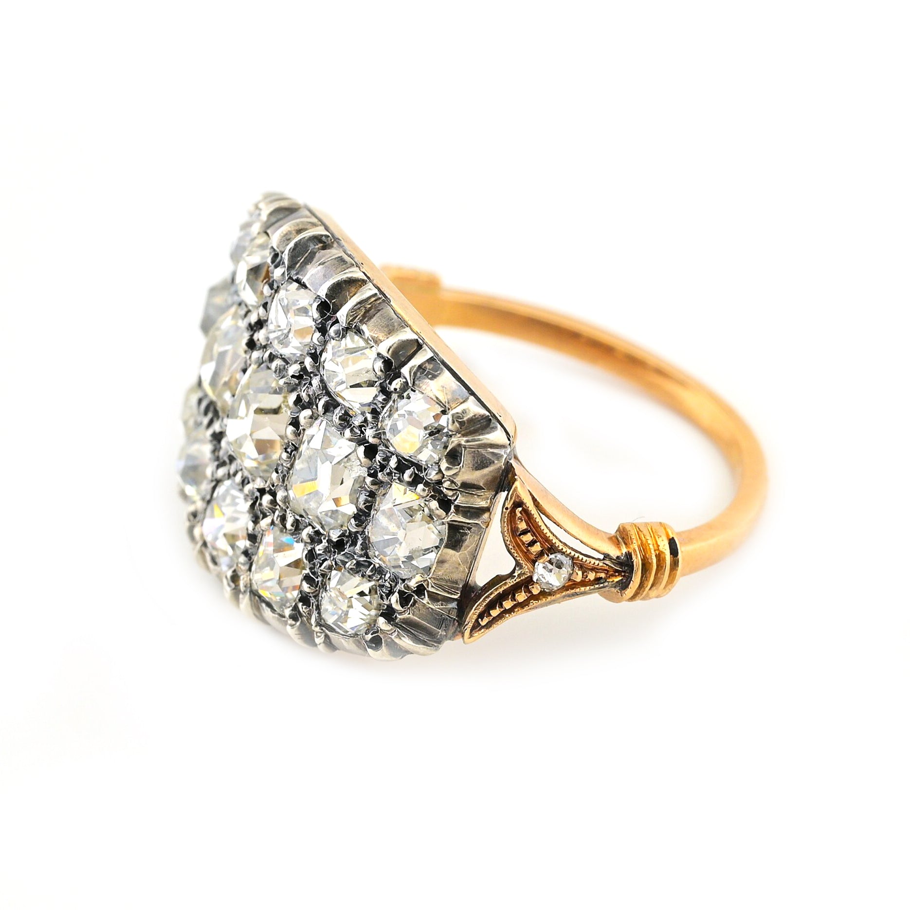 Regency Antique 3ct Old Mine Cut Diamond Three Row Cluster Ring, Circa 1835