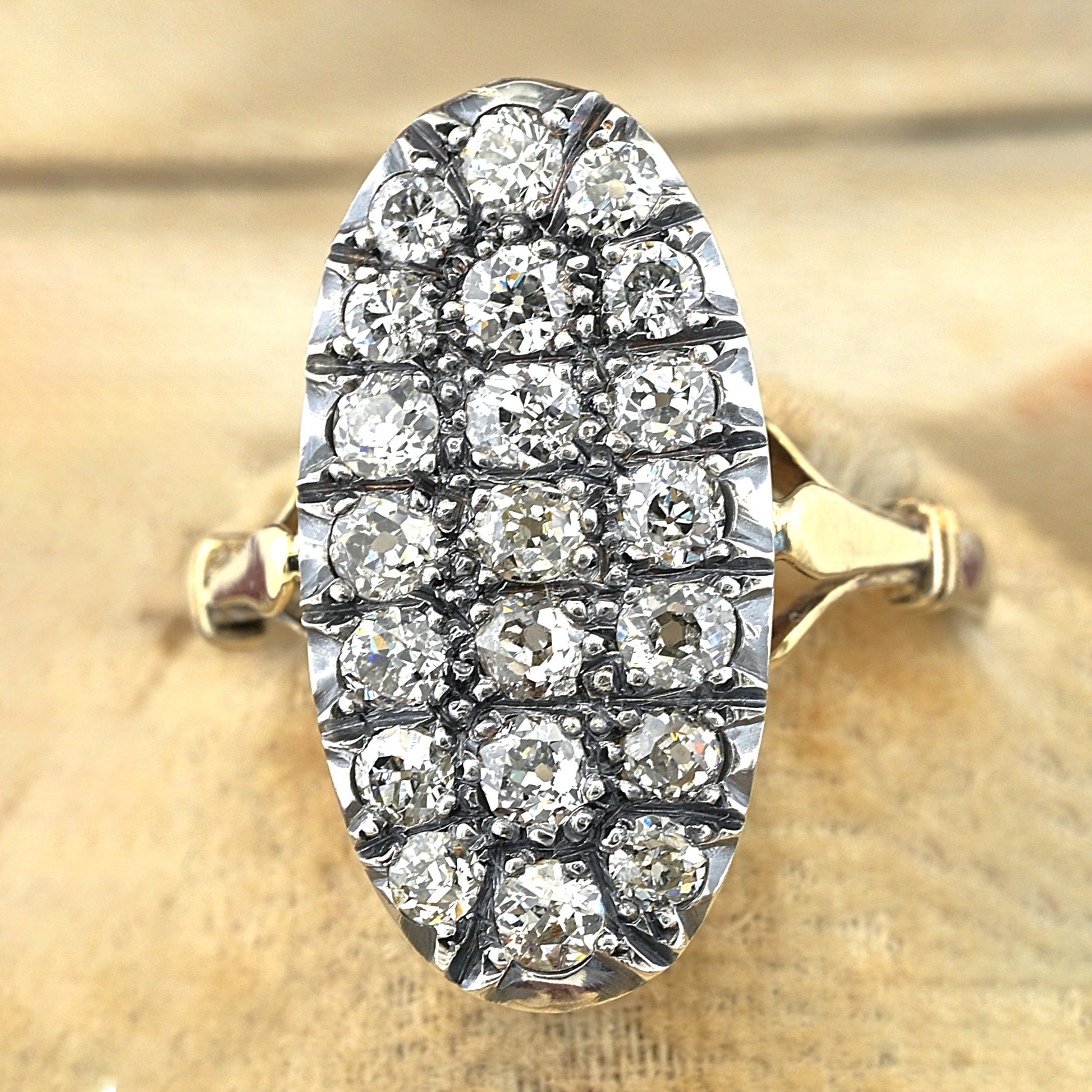 Victorian Antique 2.10ct Old Cut Diamond Oval Cluster Panel Ring