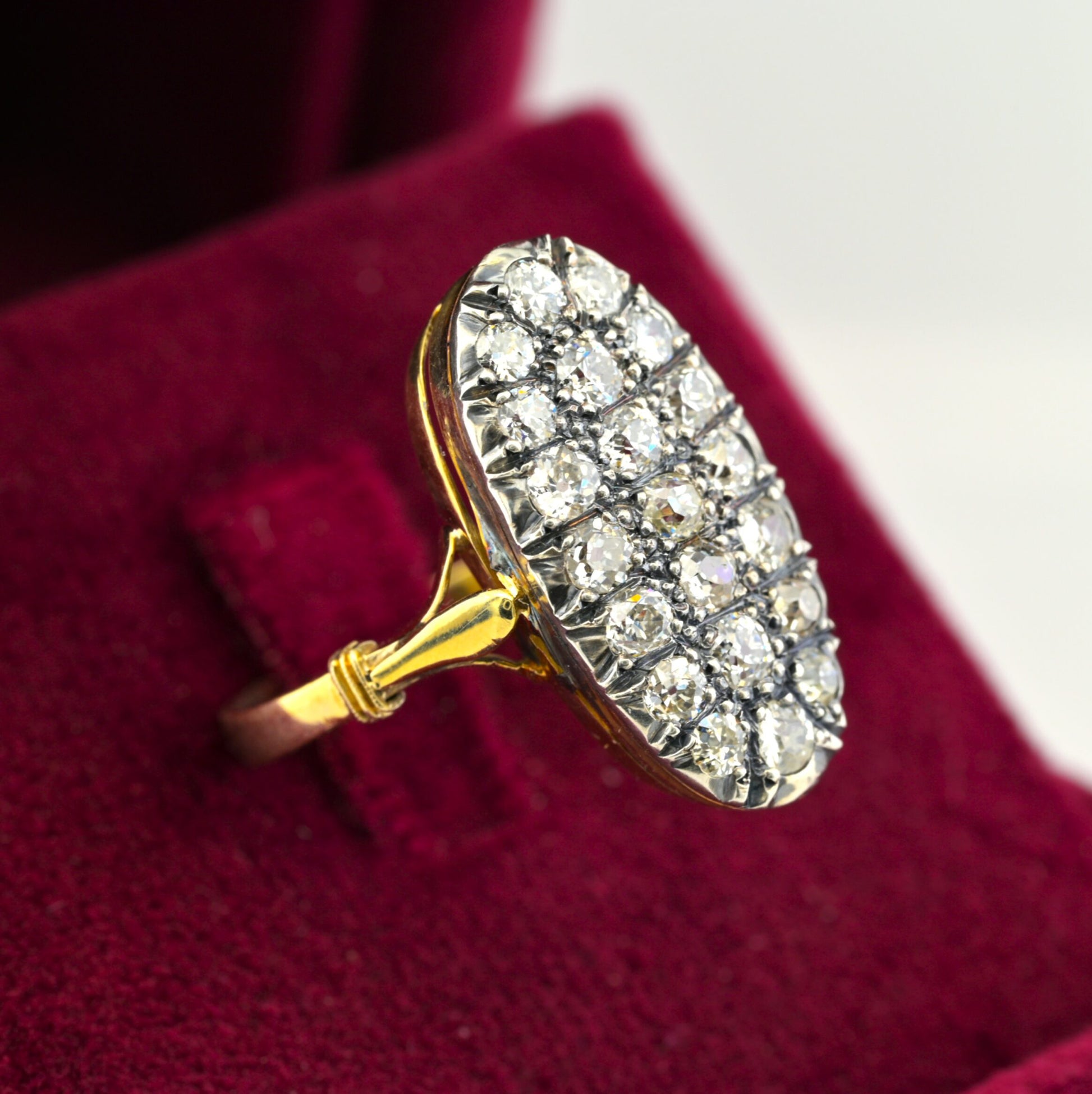 Victorian Antique 2.10ct Old Cut Diamond Oval Cluster Panel Ring