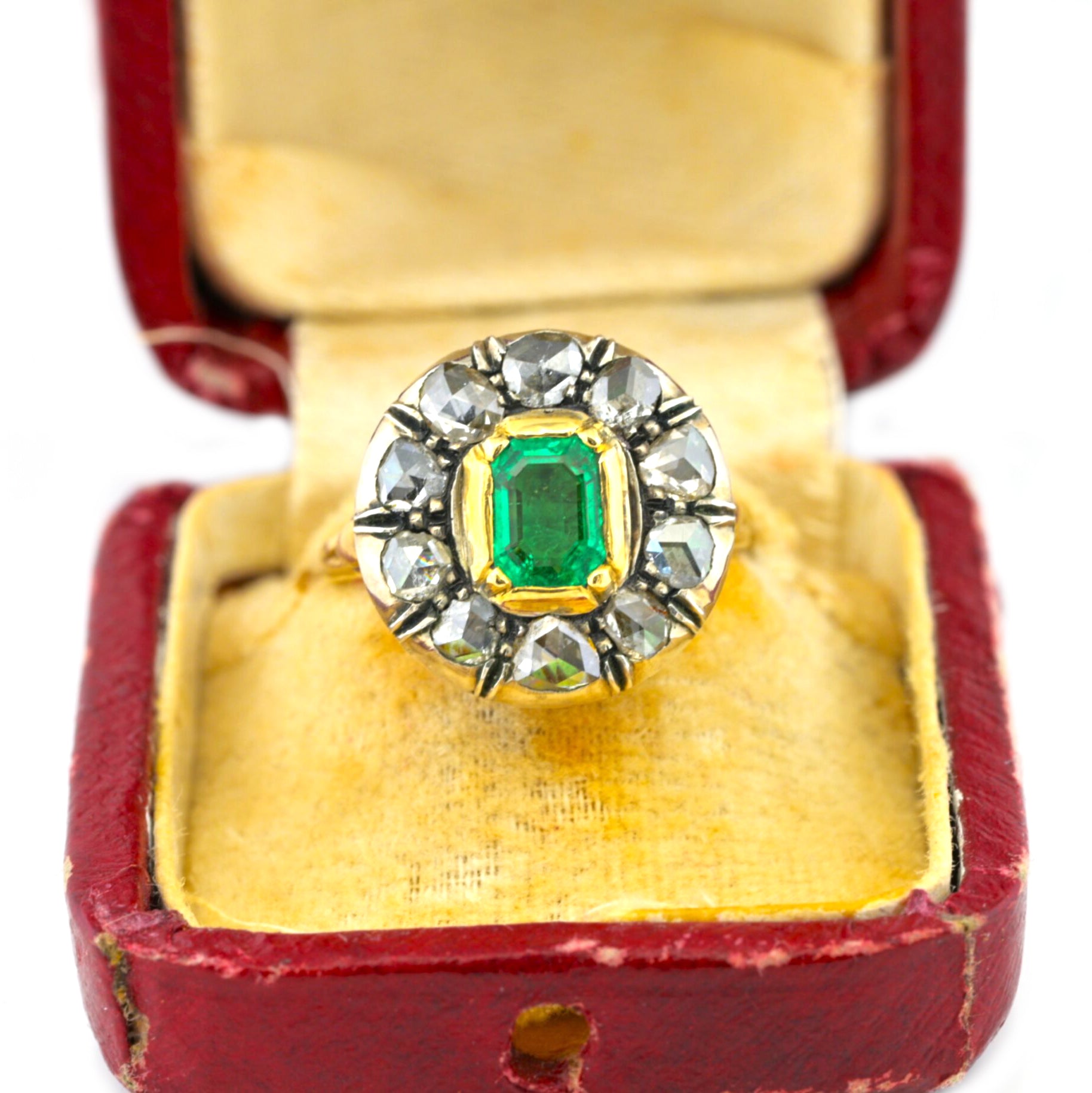 Georgian Antique Colombian Emerald and Rose Cut Diamond Cluster Engagement Ring