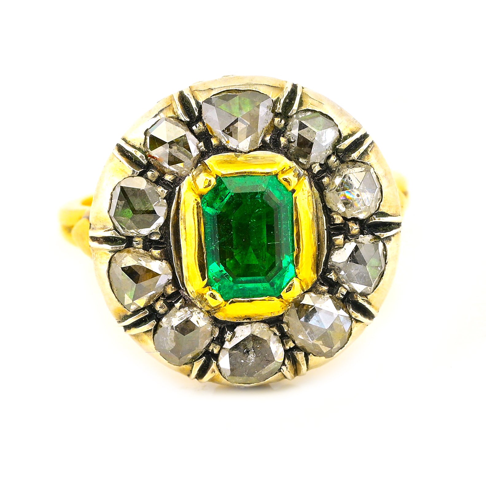 Georgian Antique Colombian Emerald and Rose Cut Diamond Cluster Engagement Ring