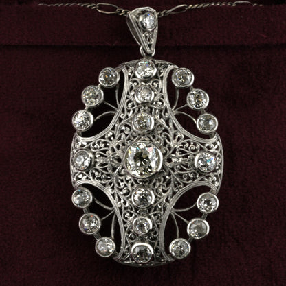 Edwardian Antique 8ct Old Mine Cut Diamond Pendant come Brooch in Platinum