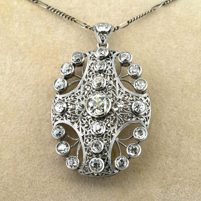 Edwardian Antique 8ct Old Mine Cut Diamond Pendant come Brooch in Platinum