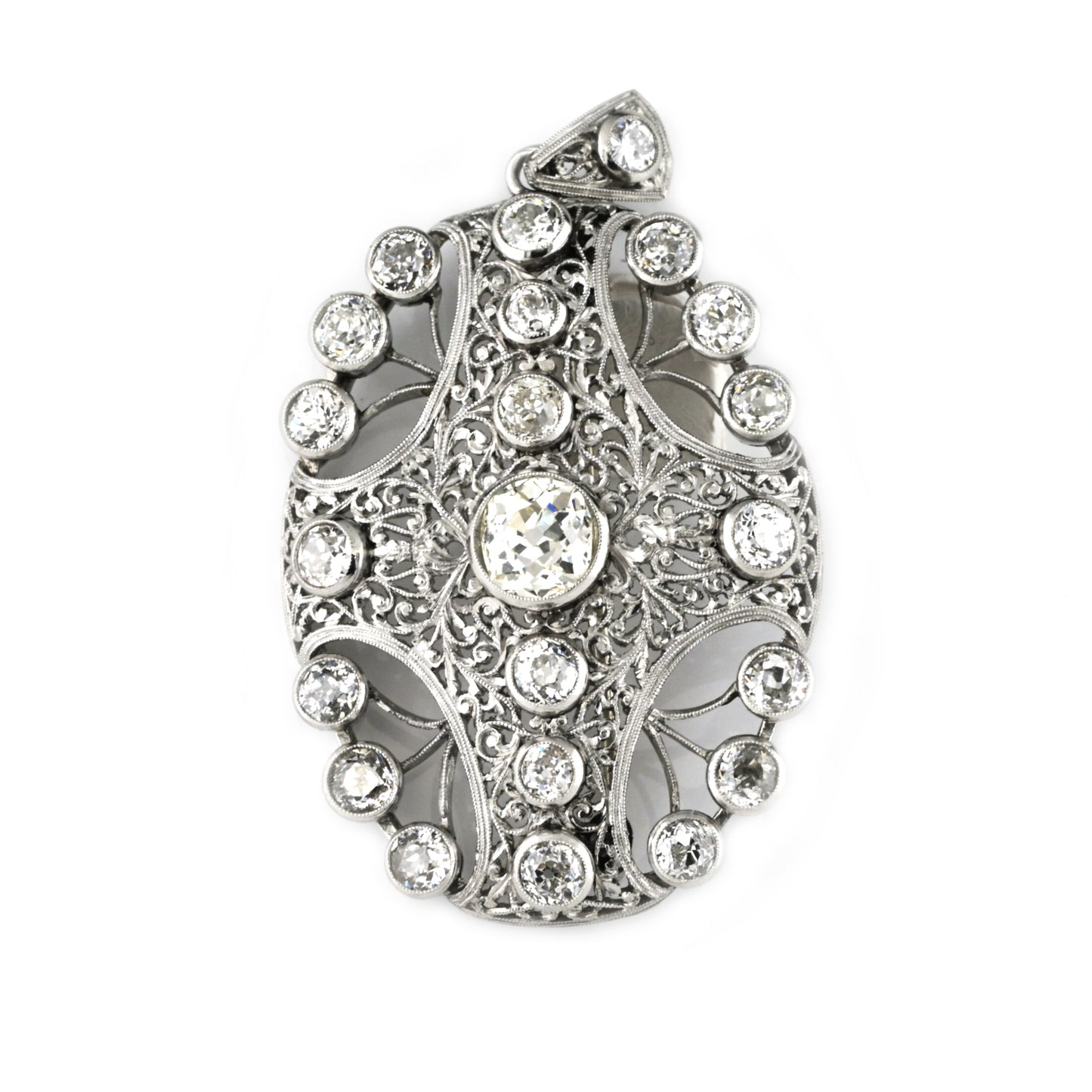 Edwardian Antique 8ct Old Mine Cut Diamond Pendant come Brooch in Platinum