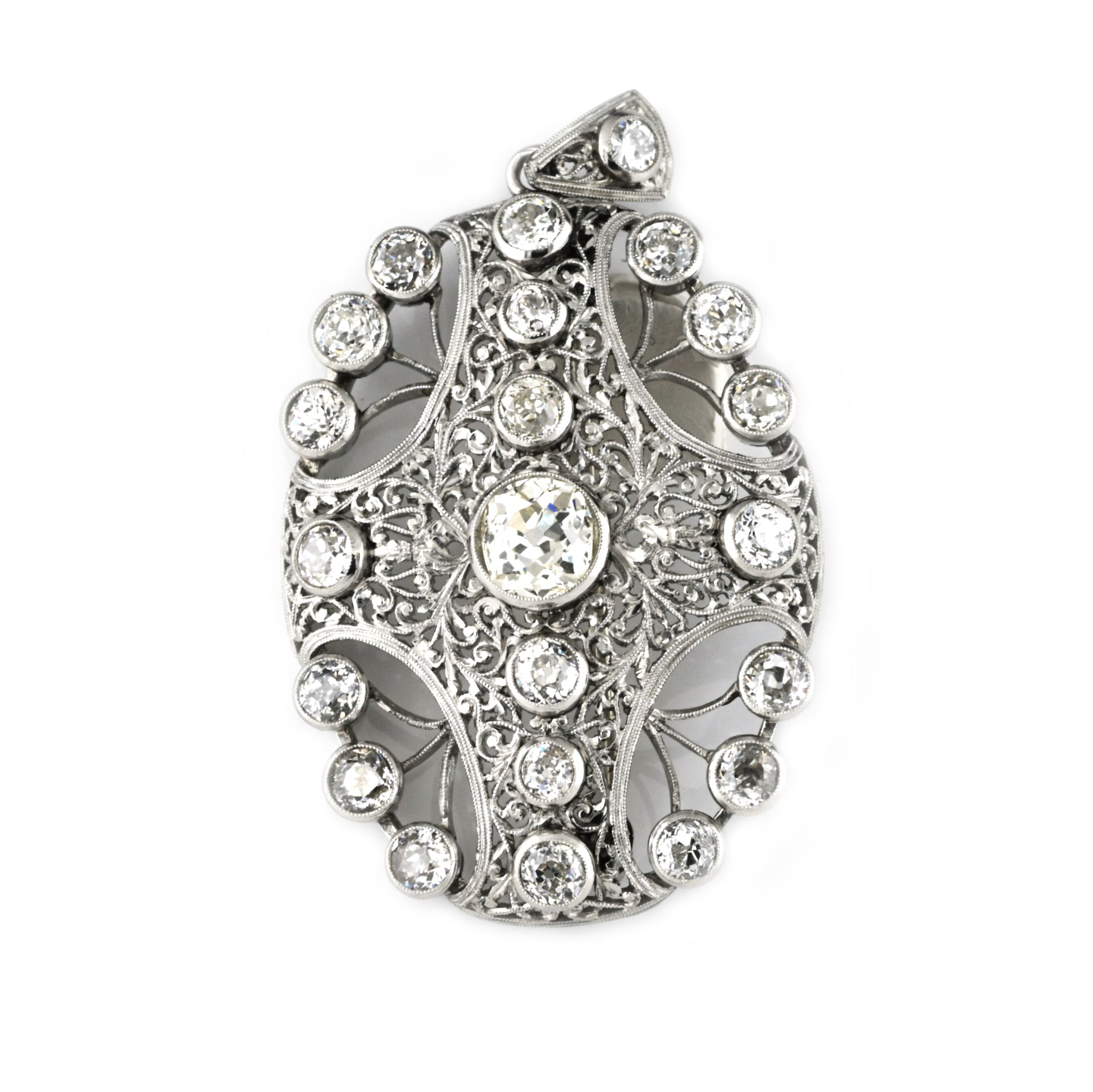 Edwardian Antique 8ct Old Mine Cut Diamond Pendant come Brooch in Platinum