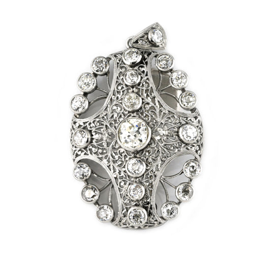 Edwardian Antique 8ct Old Mine Cut Diamond Pendant come Brooch in Platinum