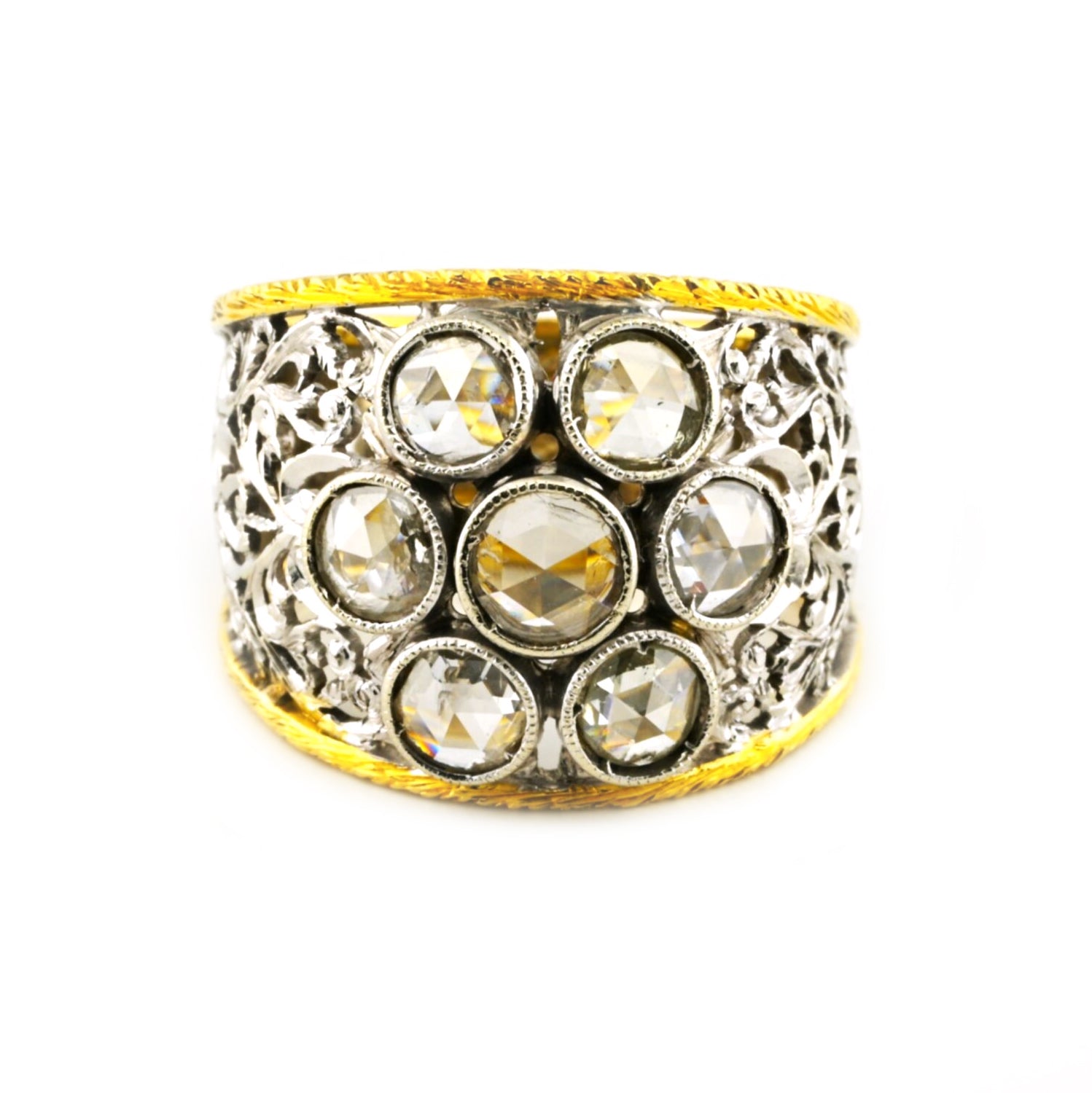 Vintage Retro Italian Florentine 2ct Rose Cut Diamond Daisy Cluster Wide Band Ring