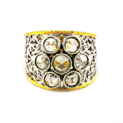 Vintage Retro Italian Florentine 2ct Rose Cut Diamond Daisy Cluster Wide Band Ring