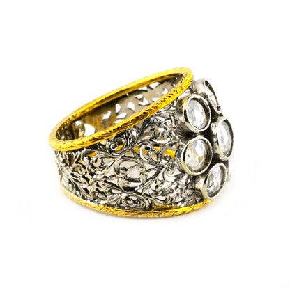 Vintage Retro Italian Florentine 2ct Rose Cut Diamond Daisy Cluster Wide Band Ring