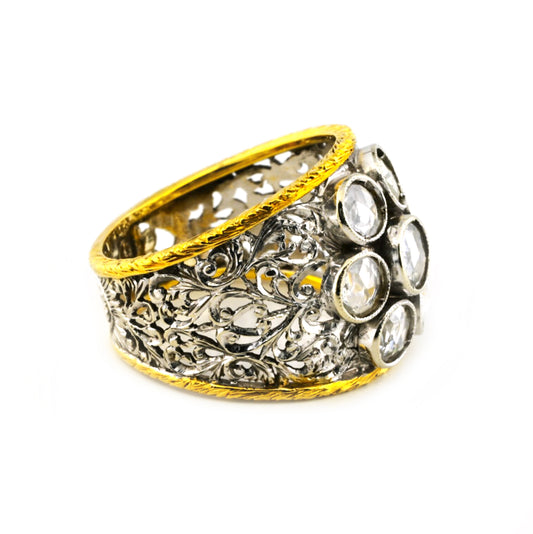 Vintage Retro Italian Florentine 2ct Rose Cut Diamond Daisy Cluster Wide Band Ring