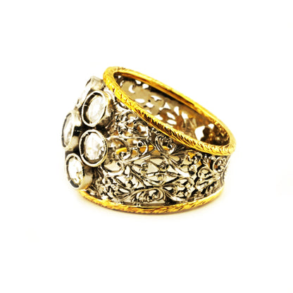 Vintage Retro Italian Florentine 2ct Rose Cut Diamond Daisy Cluster Wide Band Ring