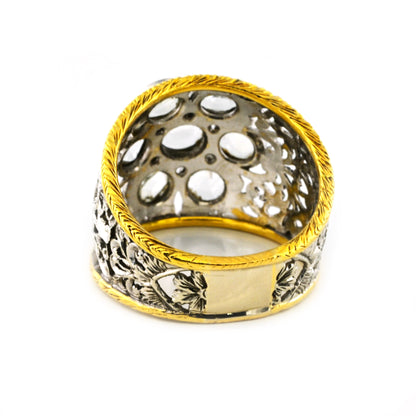 Vintage Retro Italian Florentine 2ct Rose Cut Diamond Daisy Cluster Wide Band Ring