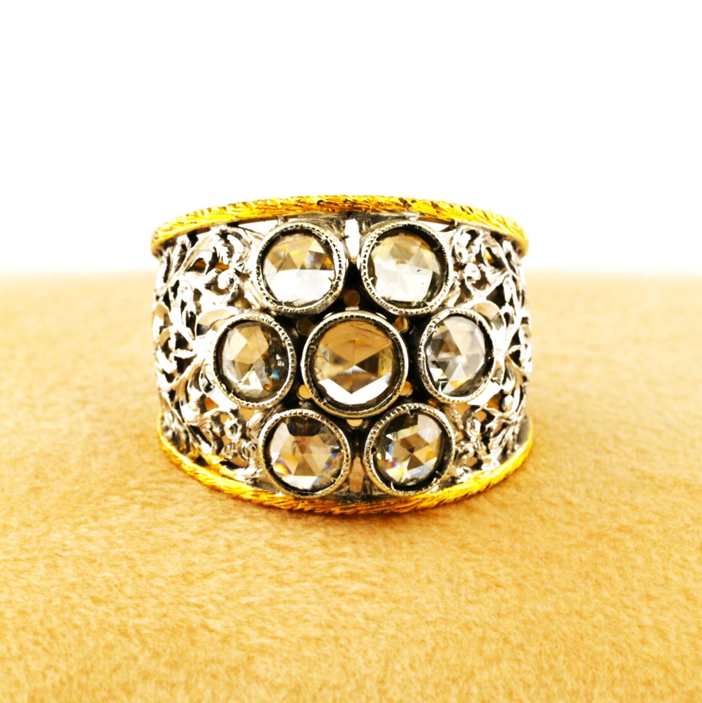 Vintage Retro Italian Florentine 2ct Rose Cut Diamond Daisy Cluster Wide Band Ring