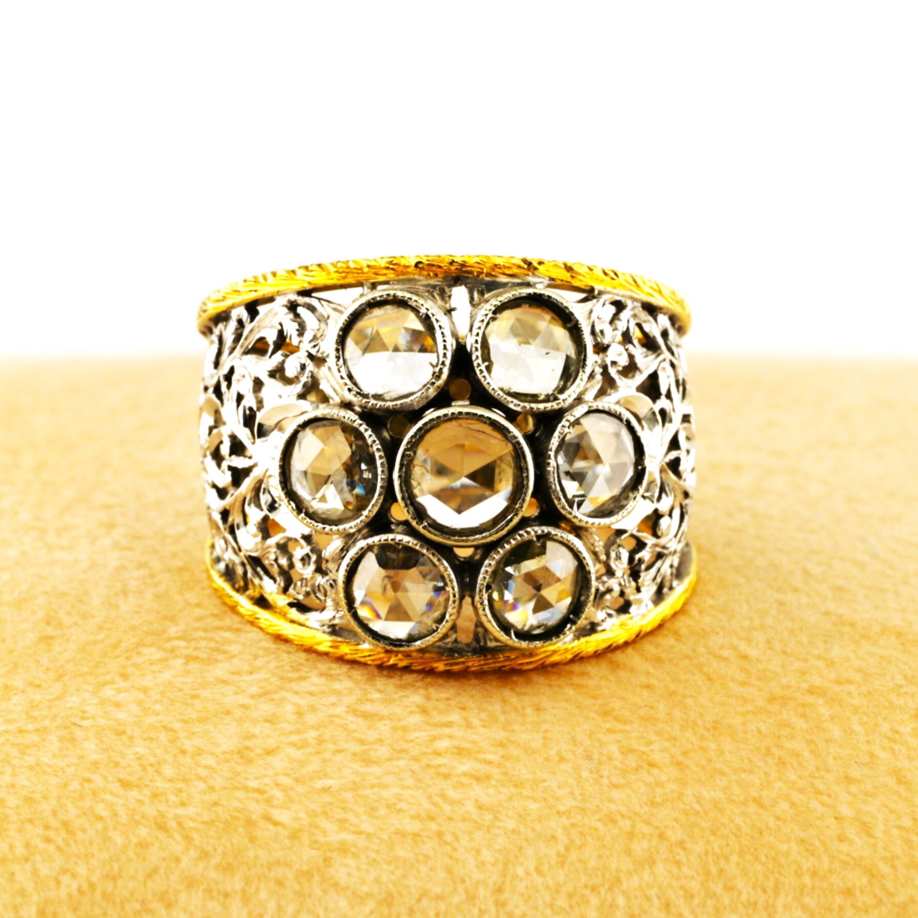 Vintage Retro Italian Florentine 2ct Rose Cut Diamond Daisy Cluster Wide Band Ring