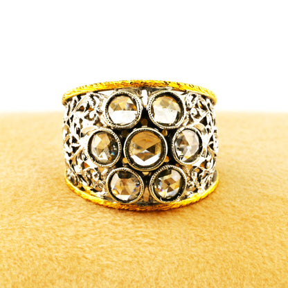Vintage Retro Italian Florentine 2ct Rose Cut Diamond Daisy Cluster Wide Band Ring