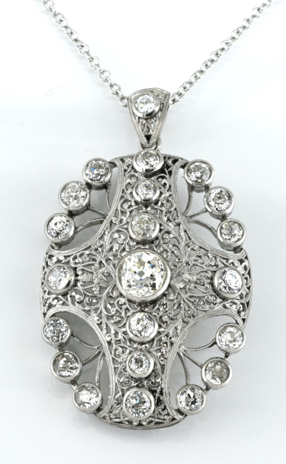 Edwardian Antique 8ct Old Mine Cut Diamond Pendant come Brooch in Platinum