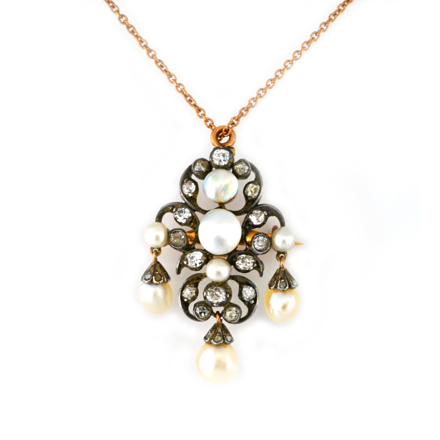 Victorian Antique Natural Pearl and Old Cut Diamond Pendant come Brooch, Circa 1860