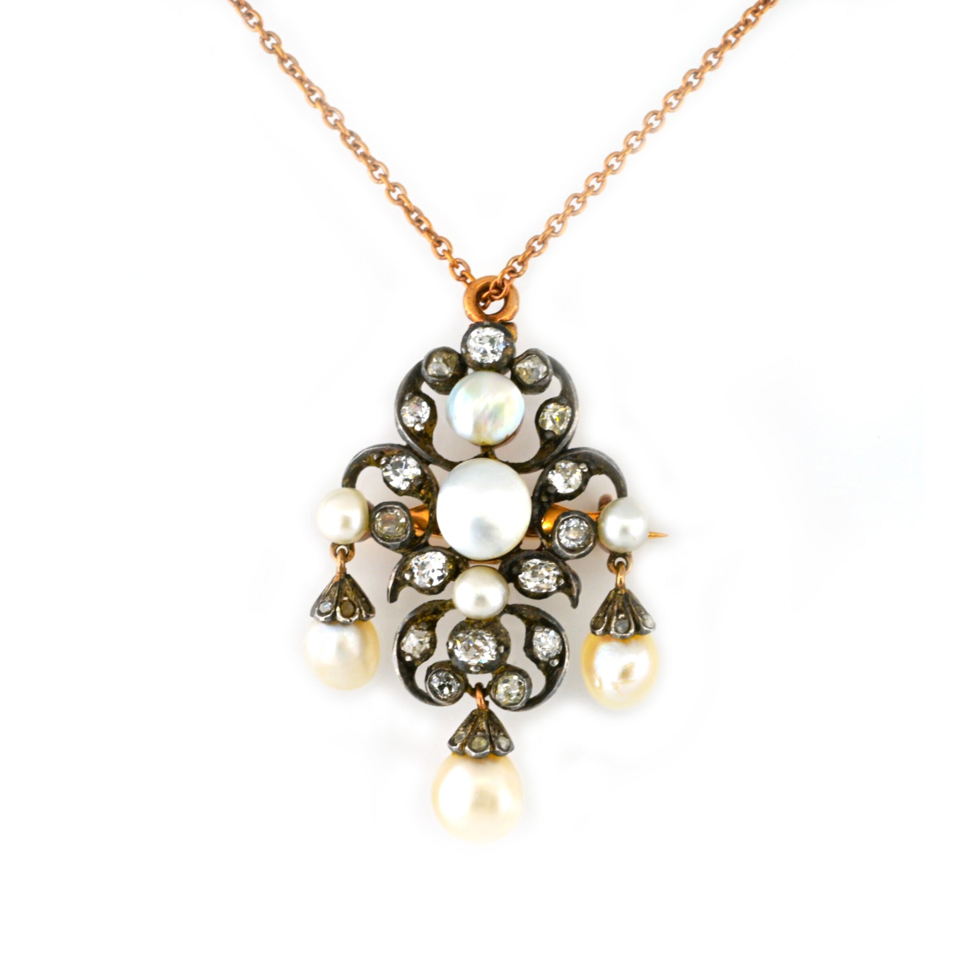 Victorian Antique Natural Pearl and Old Cut Diamond Pendant come Brooch, Circa 1860