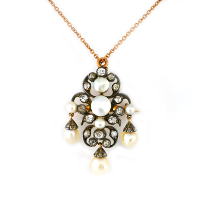 Victorian Antique Natural Pearl and Old Cut Diamond Pendant come Brooch, Circa 1860