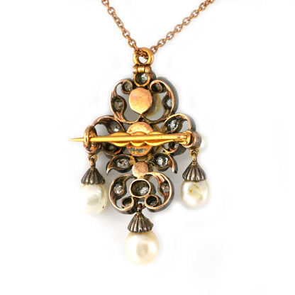 Victorian Antique Natural Pearl and Old Cut Diamond Pendant come Brooch, Circa 1860