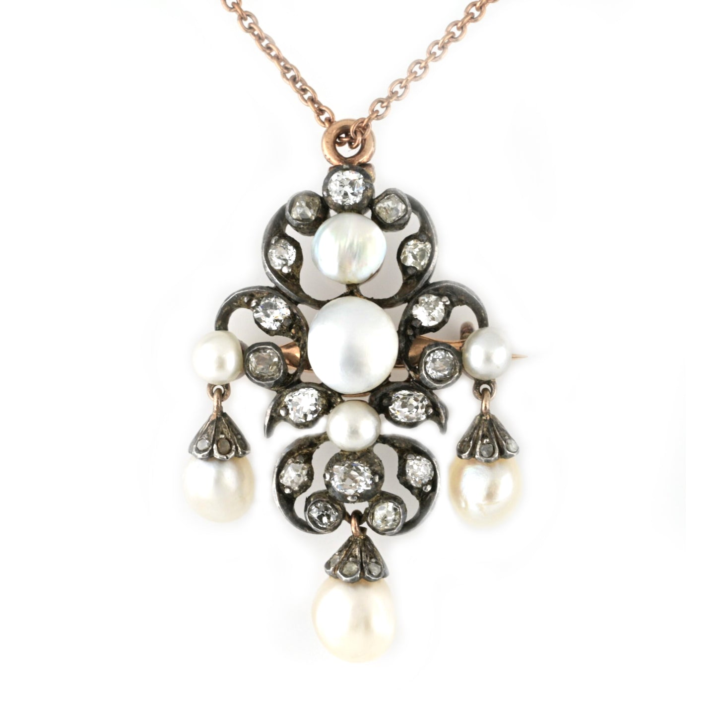 Victorian Antique Natural Pearl and Old Cut Diamond Pendant come Brooch, Circa 1860