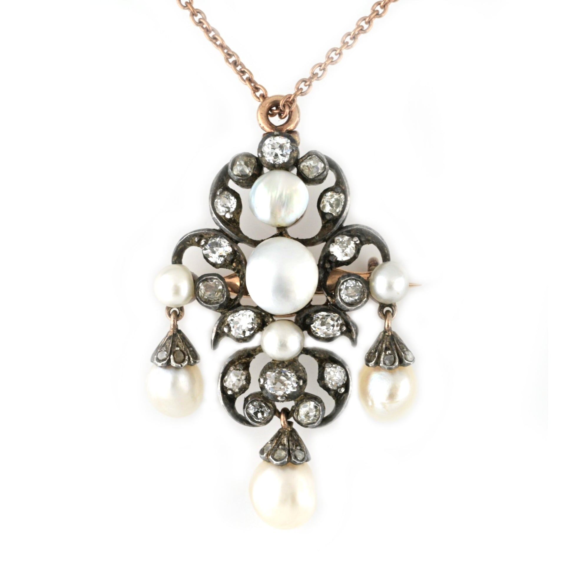 Victorian Antique Natural Pearl and Old Cut Diamond Pendant come Brooch, Circa 1860