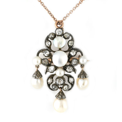 Victorian Antique Natural Pearl and Old Cut Diamond Pendant come Brooch, Circa 1860