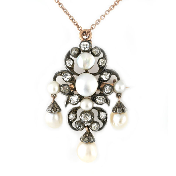 Victorian Antique Natural Pearl and Old Cut Diamond Pendant come Brooch, Circa 1860